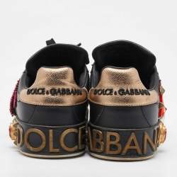 Pre Owned Dolce & Gabbana Black Leather Portofino Embellished Low Top Sneakers Size 38