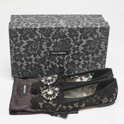 Pre Owned Dolce & Gabbana Black Lace Taormina Crystals Ballet Flats Size 37.5