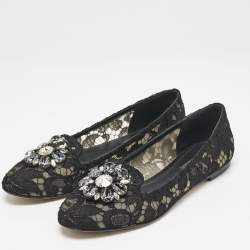 Pre Owned Dolce & Gabbana Black Lace Taormina Crystals Ballet Flats Size 37.5