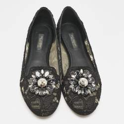 Pre Owned Dolce & Gabbana Black Lace Taormina Crystals Ballet Flats Size 37.5