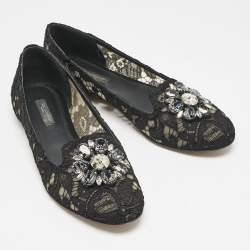 Pre Owned Dolce & Gabbana Black Lace Taormina Crystals Ballet Flats Size 37.5