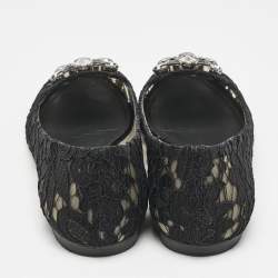 Pre Owned Dolce & Gabbana Black Lace Taormina Crystals Ballet Flats Size 37.5