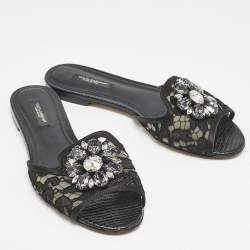 Dolce & Gabbana Black Lace Sofia Crystals Slide Flats Size 37