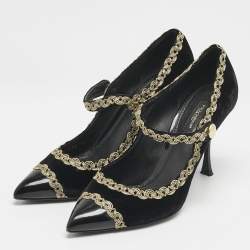 Pre Owned Dolce & Gabbana Black/Gold Velvet and Leather Mary Jane Pumps Size 39