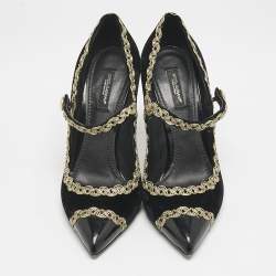 Pre Owned Dolce & Gabbana Black/Gold Velvet and Leather Mary Jane Pumps Size 39