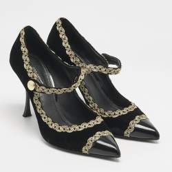 Pre Owned Dolce & Gabbana Black/Gold Velvet and Leather Mary Jane Pumps Size 39