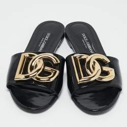 Dolce & Gabbana Black Patent Leather Ciabatta Flat Slide Sandals Size 38.5