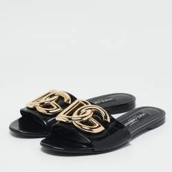 Dolce & Gabbana Black Patent Leather Ciabatta Flat Slide Sandals Size 38.5