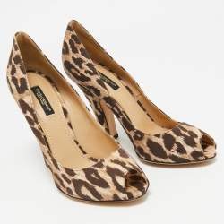 Dolce & Gabbana Brown/Beige Leopard Print Fabric Peep Toe Pumps Size 37.5
