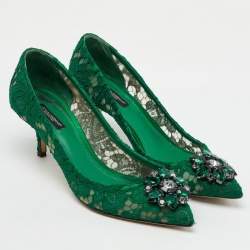 Dolce & Gabbana Green Lace Bellucci Crystal Embellishment Pumps Size 39