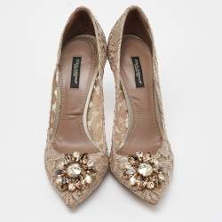 Pre Owned Dolce & Gabbana Beige Lace Bellucci Crystal Embellishment Pumps Size 39.5