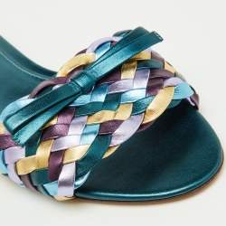 Dolce & Gabbana Multicolor Metallic Leather Woven Bow Flat Slide Sandals Size 39