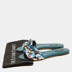 Dolce & Gabbana Multicolor Metallic Leather Woven Bow Flat Slide Sandals Size 39