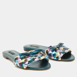 Dolce & Gabbana Multicolor Metallic Leather Woven Bow Flat Slide Sandals Size 39