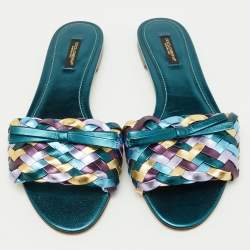 Dolce & Gabbana Multicolor Metallic Leather Woven Bow Flat Slide Sandals Size 39