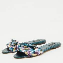 Dolce & Gabbana Multicolor Metallic Leather Woven Bow Flat Slide Sandals Size 39