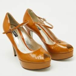 Pre Owned Dolce & Gabbana Brown Patent Leather Platform Peep Toe Mary Jane Pumps Size 37
