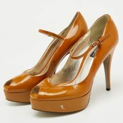 Pre Owned Dolce & Gabbana Brown Patent Leather Platform Peep Toe Mary Jane Pumps Size 37