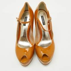 Pre Owned Dolce & Gabbana Brown Patent Leather Platform Peep Toe Mary Jane Pumps Size 37