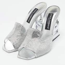 Dolce & Gabbana Silver Satin Crystal Embellished Keira Slide Sandals Size 41