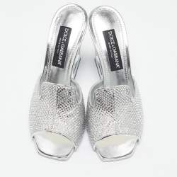 Dolce & Gabbana Silver Satin Crystal Embellished Keira Slide Sandals Size 41