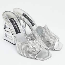 Dolce & Gabbana Silver Satin Crystal Embellished Keira Slide Sandals Size 41