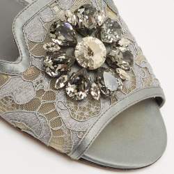 Dolce & Gabbana Grey Lace Crystal Embellished Flat Slide Sandals Size 39