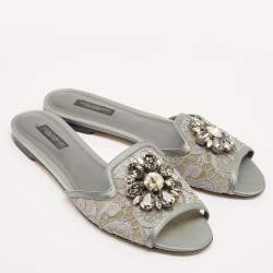 Dolce & Gabbana Grey Lace Crystal Embellished Flat Slide Sandals Size 39