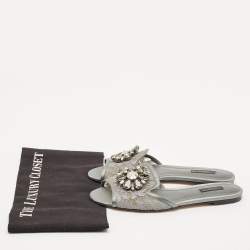 Dolce & Gabbana Grey Lace Crystal Embellished Flat Slide Sandals Size 39