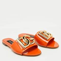 Dolce & Gabbana Orange Patent Leather DG Logo Flat Slide Sandals Size 36
