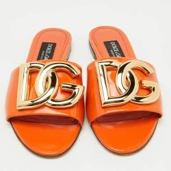 Dolce & Gabbana Orange Patent Leather DG Logo Flat Slide Sandals Size 36
