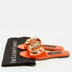 Dolce & Gabbana Orange Patent Leather DG Logo Flat Slide Sandals Size 36