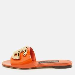 Dolce & Gabbana Orange Patent Leather DG Logo Flat Slide Sandals Size 36