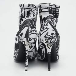 Dolce & Gabbana Black/White Stretch Knit Graffiti Sock Ankle Length Boots Size 39