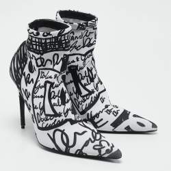 Dolce & Gabbana Black/White Stretch Knit Graffiti Sock Ankle Length Boots Size 39