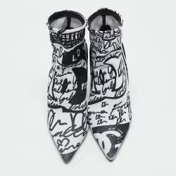 Dolce & Gabbana Black/White Stretch Knit Graffiti Sock Ankle Length Boots Size 39