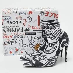Dolce & Gabbana Black/White Stretch Knit Graffiti Sock Ankle Length Boots Size 39