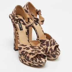 Dolce & Gabbana Beige/Brown Leopard Print Canvas Ankle Strap Sandals Size 37