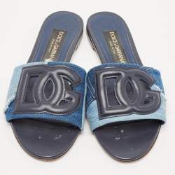 Pre Owned Dolce & Gabbana Blue Patchwork Denim DG Logo Flat Slide Sandals Size 38