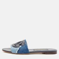 Pre Owned Dolce & Gabbana Blue Patchwork Denim DG Logo Flat Slide Sandals Size 38