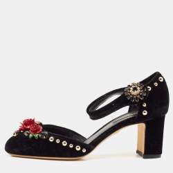 Dolce & Gabbana Black Velvet Studded and Rose Embellished Ankle-Strap Pumps Size 37