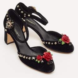 Dolce & Gabbana Black Velvet Studded and Rose Embellished Ankle-Strap Pumps Size 37