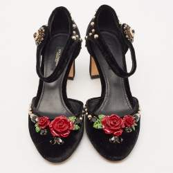 Dolce & Gabbana Black Velvet Studded and Rose Embellished Ankle-Strap Pumps Size 37
