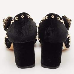 Dolce & Gabbana Black Velvet Studded and Rose Embellished Ankle-Strap Pumps Size 37