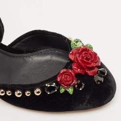 Dolce & Gabbana Black Velvet Studded and Rose Embellished Ankle-Strap Pumps Size 37