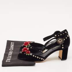 Dolce & Gabbana Black Velvet Studded and Rose Embellished Ankle-Strap Pumps Size 37