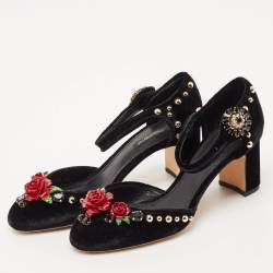Dolce & Gabbana Black Velvet Studded and Rose Embellished Ankle-Strap Pumps Size 37