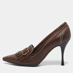 Pre Owned Dolce & Gabbana Brown Leather Fringe Loafer Pumps Size 36.5
