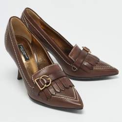 Pre Owned Dolce & Gabbana Brown Leather Fringe Loafer Pumps Size 36.5