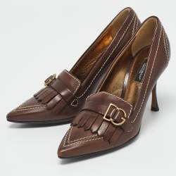 Pre Owned Dolce & Gabbana Brown Leather Fringe Loafer Pumps Size 36.5